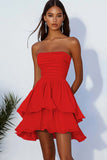 Sky Blue A Line Strapless Chiffon Mini Graduation Dress with Ruffles