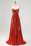 Sparkly Golden A Line Sweetheart Metallic Satin Pleated Long Prom Dress