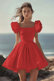 A Line White Puff Sleeves Ruched Short Graduation Dress