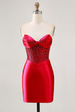 Sparkly Fuchsia Corset Tight Satin Short Prom Dress