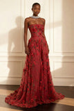 Purple Strapless Appliqued A-Line Long Prom Dress With 3D Flowers