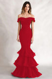 Off the Shoulder Black Mermaid Tiered Satin Wedding Guest Dress