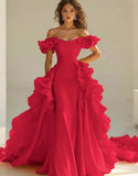 Yellow Off The Shoulder Mermaid Ruffles Satin Prom Dress