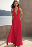 Ivory Ruched Chiffon Deep V-Neck Maxi Beach Engagement Dress