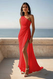 One Shoulder Ruched Ivory Maxi Sheath Beach Engagement Dress with Slit