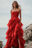 Fuchsia Ruffle A Line Strapless Long Formal Dress with Slit