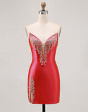 Fuchsia Strapless Beaded Bodycon Short Prom Dress with Slit