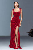 Burgundy A-Line Velvet Ruched Long Formal Dress