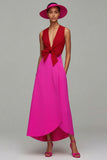 Orange And Fuchsia Colorblock V Neck A Line Formal Dress
