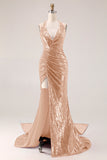 Sparkly Fuchsia Mermaid Halter Sequin Backless Long Prom Dress with Slit