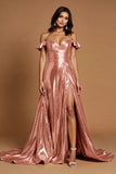 Golden Off The Shoulder A Line Prom Dress With Slit