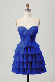 Sky Blue Strapless A Line Tiered Short Prom Dress with Bow