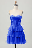 Blue Tiered Corset A Line Strapless Short Prom Dress