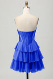 Blue Tiered Corset A Line Strapless Short Prom Dress