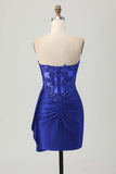 Sparkly Dark Green Strapless Corset Sequins Bodycon Cocktail Dress with Streamer