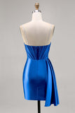 Navy Satin Beaded Corset Cocktail Dress with Sash