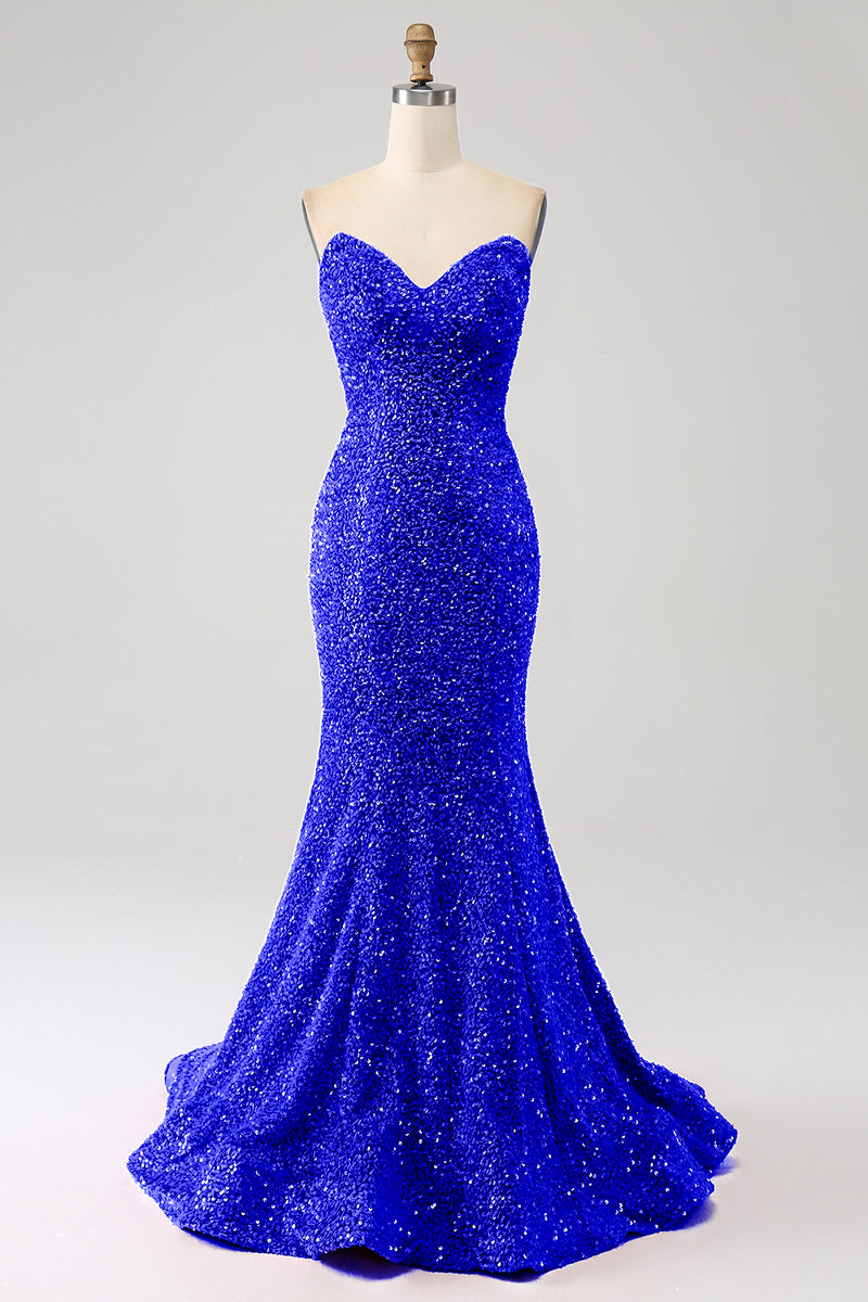 Load image into Gallery viewer, Navy Sweetheart Neck Sequined Mermaid Prom Dress With Sweep Train