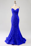 Navy Sweetheart Neck Sequined Mermaid Prom Dress With Sweep Train