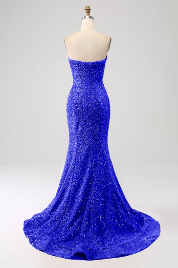 Navy Sweetheart Neck Sequined Mermaid Prom Dress With Sweep Train