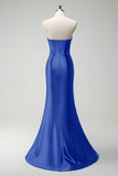 Sparkly Royal Blue Mermaid Beaded Corset Satin Long Prom Dress with Slit