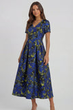 Blue White Flower A-Line Printed Short Sleeves Midi Dress
