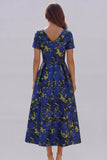 Blue White Flower A-Line Printed Short Sleeves Midi Dress