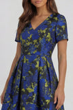 Blue White Flower A-Line Printed Short Sleeves Midi Dress