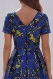 Blue White Flower A-Line Printed Short Sleeves Midi Dress