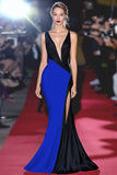 Sheath Black&White Deep V Neck Long Gala Dress