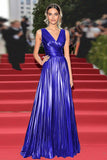Sparkly Golden Metallic V-Neck A Line Pleated Gala Dress