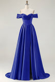 Blue A-Line Off The Shoulder Satin Long Bridesmaid Dress with Slit