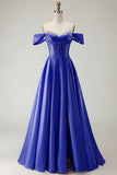 Off The Shoulder Purple A Line Beaded Long Satin Prom Dress with Slit