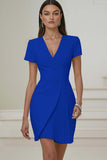 Ivory V-Neck Pleated Work Dress with Short Sleeves