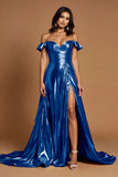 Golden Off The Shoulder A Line Prom Dress With Slit