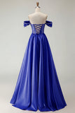 Off The Shoulder Purple A Line Beaded Long Satin Prom Dress with Slit