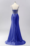 Sparkly Grey Blue Spaghetti Straps Mermaid Satin Prom Dress with Rhinestones
