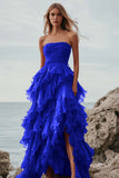 Fuchsia Ruffle A Line Strapless Long Formal Dress with Slit