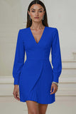 Ivory V-Neck Pleated Work Dress with Long Sleeves