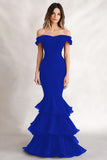 Off the Shoulder Black Mermaid Tiered Satin Wedding Guest Dress