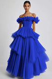Dusty Sage Off The Shoulder A Line Ruffles Prom Dress