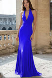 Navy Halter Mermaid Ruched Satin Long Prom Dress