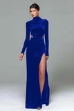 Black Velvet High Neck Long Sleeves Holiday Party Dress with Slit