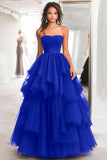 Princess Black Strapless Tulle Tiered Ruched Long Prom Dress