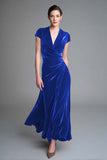 Velvet Caramel Ruched V Neck Long Holiday Party Dress