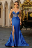 Dusty Blue Mermaid Beaded Corset Sequins Long Prom Dress with Slit