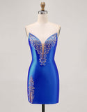 Fuchsia Strapless Beaded Bodycon Short Prom Dress with Slit