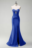 Sparkly Royal Blue Mermaid Beaded Corset Satin Long Prom Dress with Slit