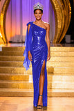 Sparkly Dark Green Sequin Mermaid One Shoulder Long Pageant Dress with Slit