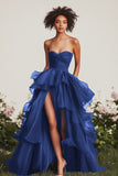 A Line Sweetheart Ruffled Navy Prom Dress with Front Slit
