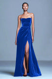 Strapless Burgundy Velvet A Line Formal Dress with Slit